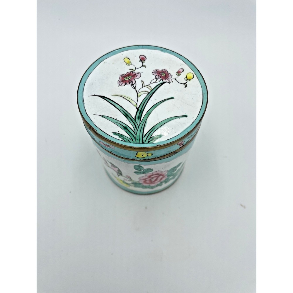 Antique Chinese Canton Enamel Round Lidded Tea Caddy Hand-Painted Birds Flowers - Picture 3 of 13